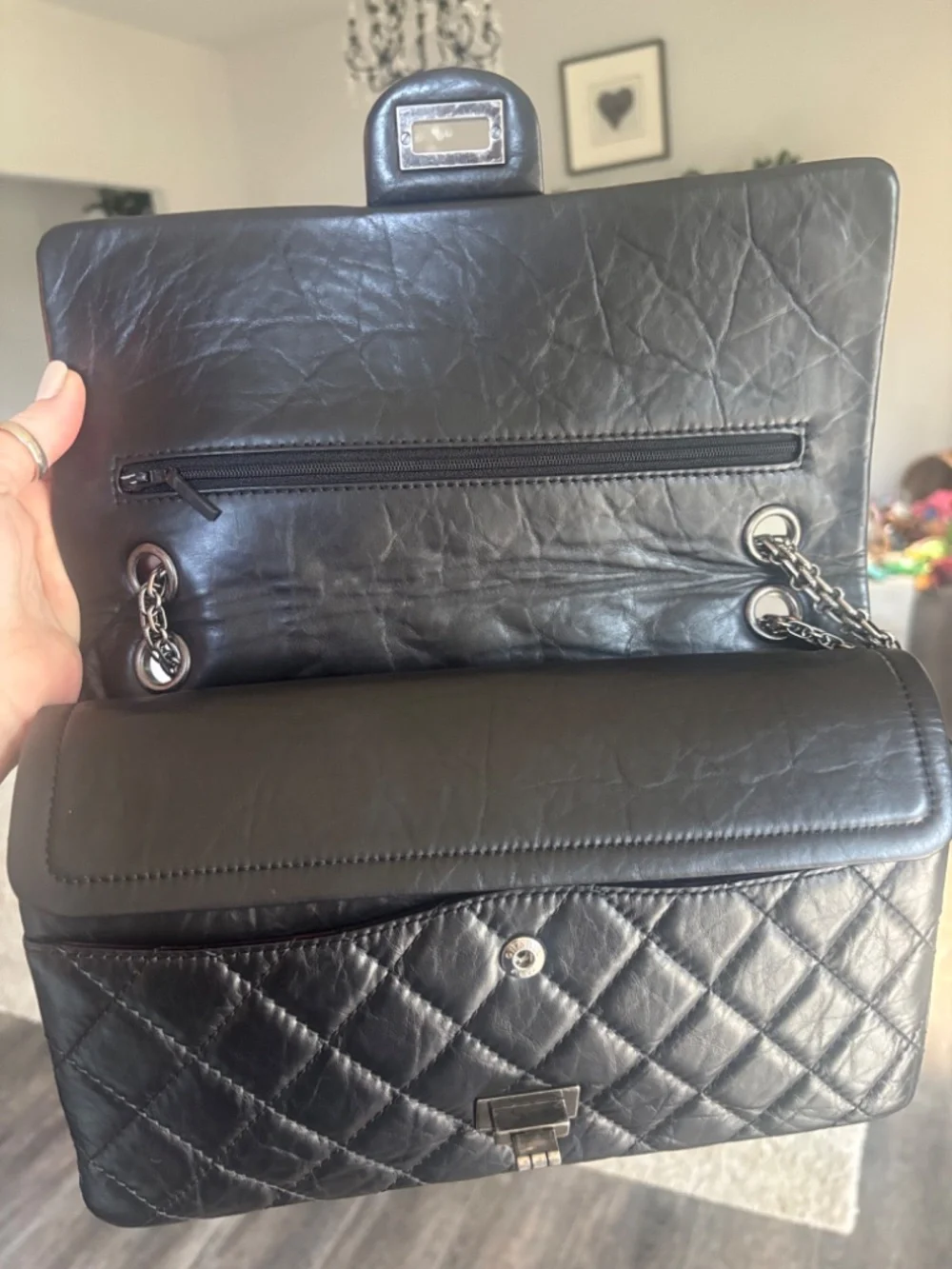 CHANEL 2.55 Reissue 226 Black Aged Calfskin Ruthenium Hardware Double Flap AUTH
